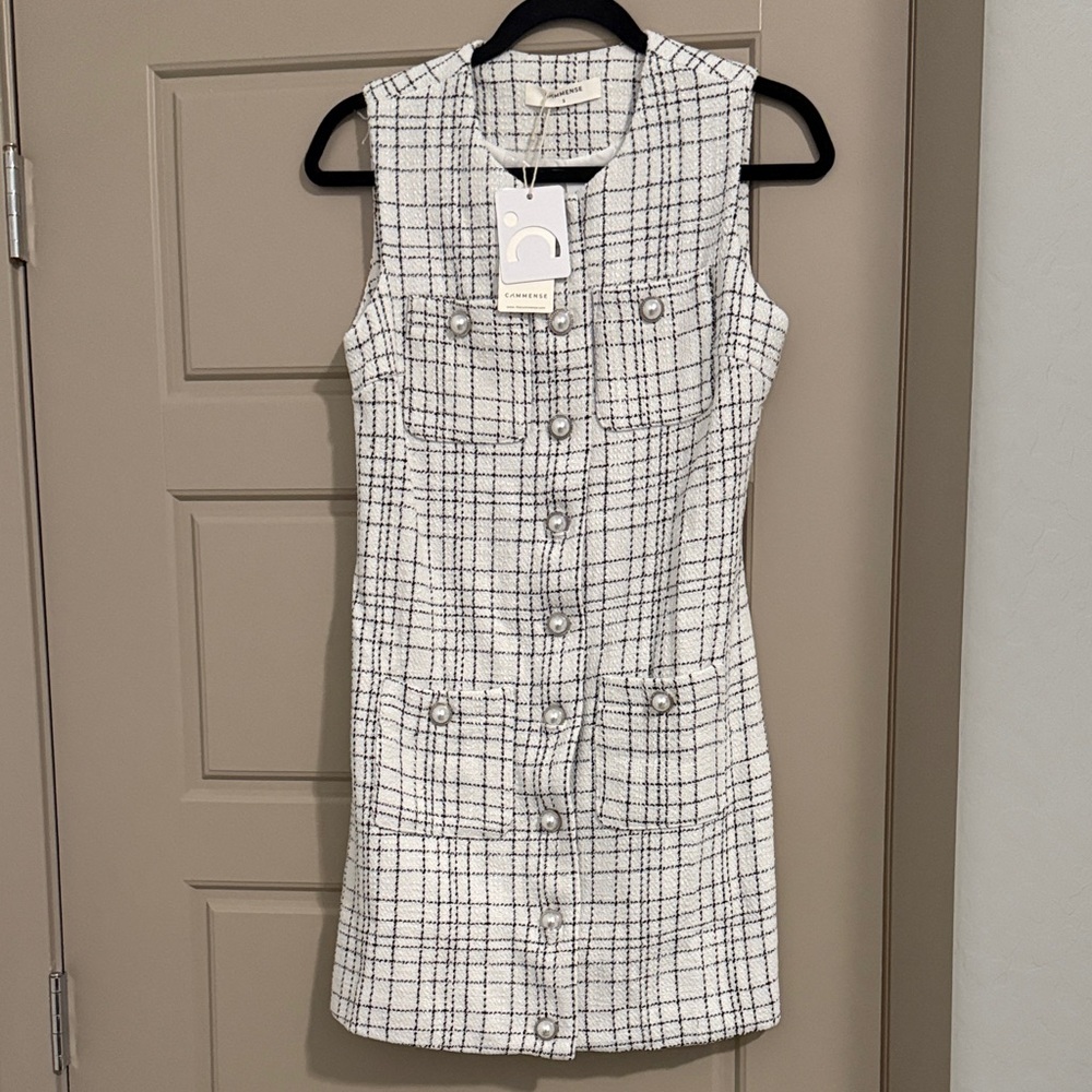 Commense Chic White and Black Plaid Dress